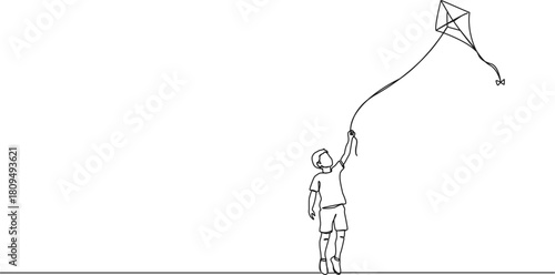 continuous line drawing of boy flying a kite, line art vector illustration