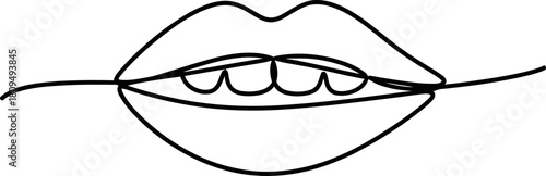 Continuous line art drawing of human lips with visible teeth, a minimalist monochrome illustration representing beauty, speech, oral health.