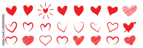 Hand drawn heart icons set, love and romance doodles vector design on transparent background. pink hand drawn hearts. unique heart various styles and shapes. Pink hearts doodle artistic set. Valentine