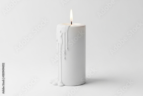 A white candle with wax dripping down its side against a stark white background, symbolizing purity, peace, and remembrance