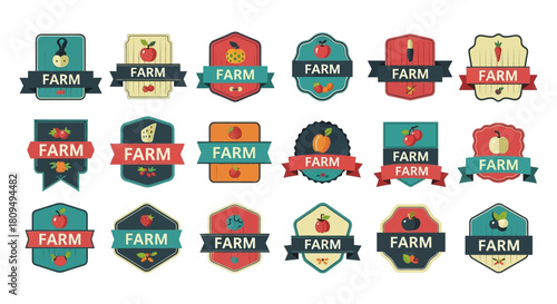 Set of farm product labels and badges with icons like apples, carrots, berries, and chili peppers