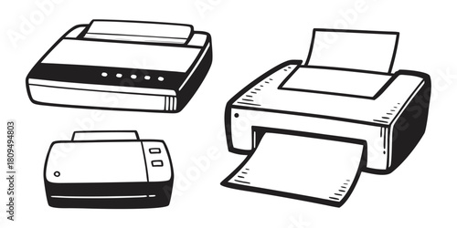 Three different printers are displayed in a black and white illustration.