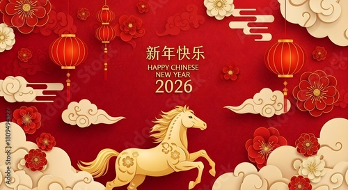 Celebrate chinese new year 2026 with this festive image featuring traditional lanterns, clouds, flowers, and a horse, perfect for greeting cards and promotions