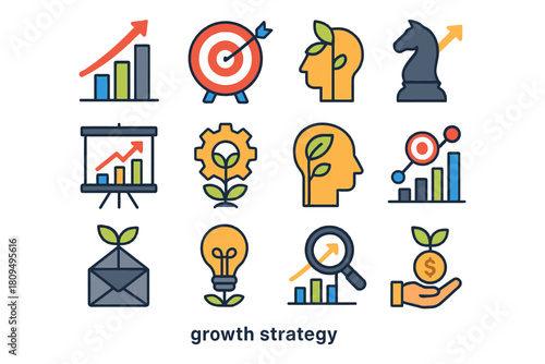 Colorful icons depicting growth strategy and business success concepts.