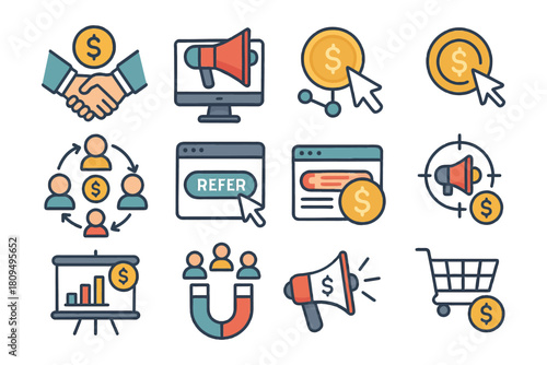 Business and marketing icons: digital strategy and promotion elements.