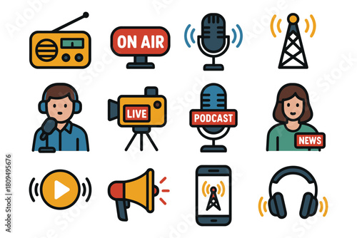 Multimedia icons: radio, podcast, broadcast, live streaming, news.