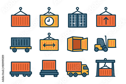 Shipping container icons collection: transport and logistics elements.