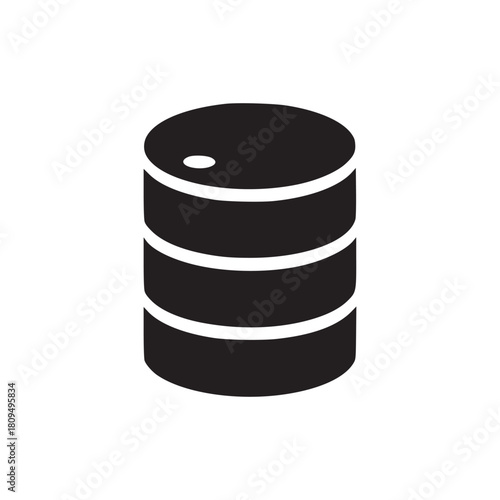 A simple black database icon with three layers on a white background in a minimalist style illustration