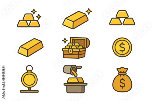 Gold icons: bars, coins, treasure chest, gold pouring and money bag.