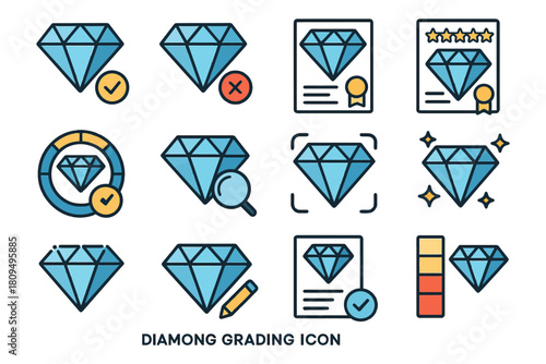 Diamond grading icons set: certification, quality, assessment tools.