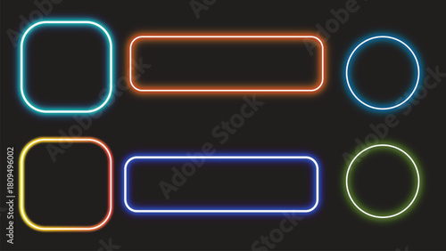 Collection of colorful glowing neon shape borders on a dark background
