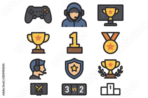 Gaming icons: controller, esports, trophies, medals, scoreboard, gamer avatar.