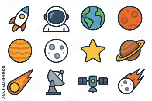 Space icons: rocket, astronaut, earth, planets, satellite, comet, star.