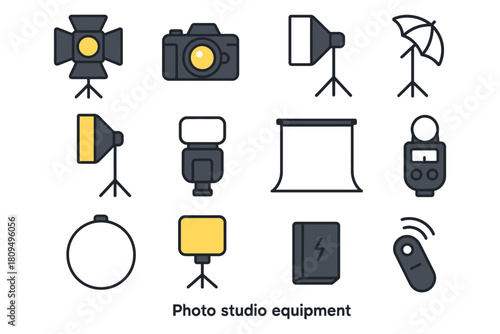 Photo studio equipment icons set: lights, camera, backdrops, reflectors, flash units.