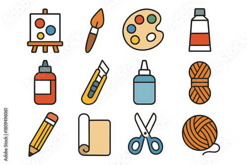 Art supplies icon set featuring easel palette brush scissors pencil yarn and glue.