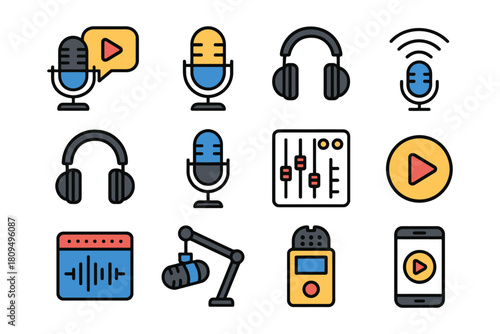 Audio equipment icons: microphones, headphones, and recording devices.