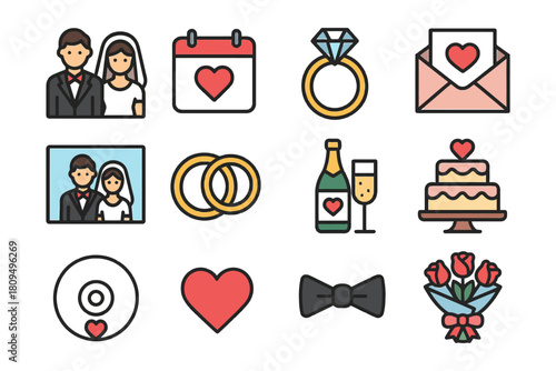 Wedding icons set with bride and groom, rings, cake, and flowers.