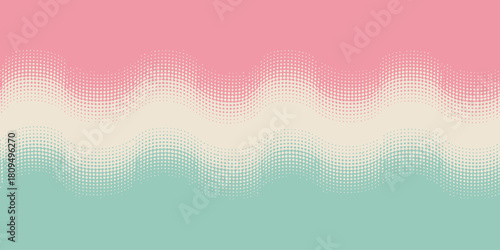 A halftone pattern with pink, cream, and teal colors in a wavy design across the entire image plane