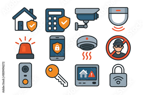 Home security icons: surveillance, alarm systems, and remote access.