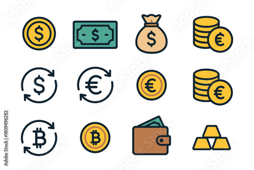 Currency symbols and financial icons featuring coins, banknotes, wallet, and gold bars.