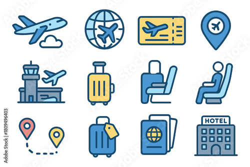 Travel icon set featuring airplane, luggage, passport, and hotel symbols.