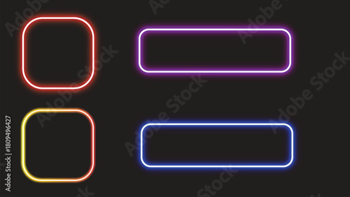 Neon Glowing Square and Rectangle Shapes Set on Dark Background