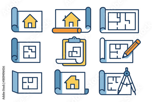 House blueprints and floor plans collection with drafting tools.