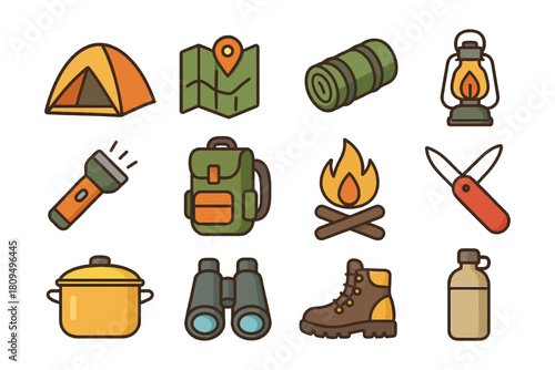 Camping gear icons: tent, backpack, lantern, map, binoculars, campfire, flashlight, hiking boot, cooking pot, water bottle, swiss knife, sleeping bag.