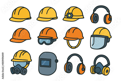 Collection of safety equipment illustrations: hard hats, ear protection, goggles, masks, shields.