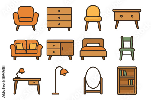 Cartoon furniture collection: chairs, tables, bed, bookcase, lamp.