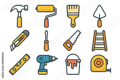 Colorful hand tools collection including hammer, paint roller, saw, drill, ladder, tape measure, bucket.