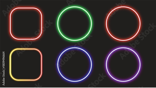 Neon Circle and Square Shapes with Glowing Light in Dark Background