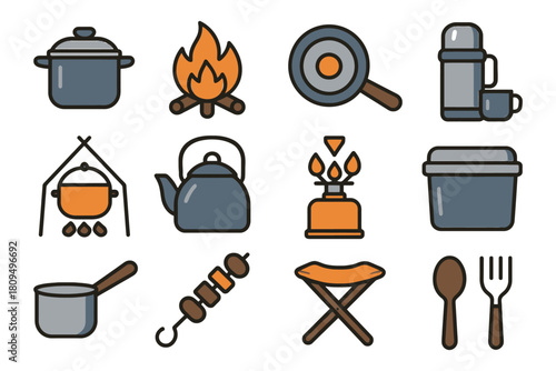 Camping essentials: cookware, fire, and gear for outdoor adventures.