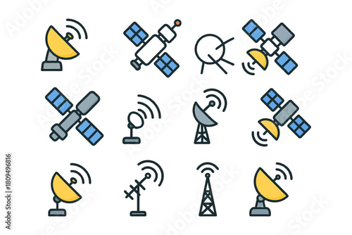 Satellite and antenna icons collection featuring communication symbols.
