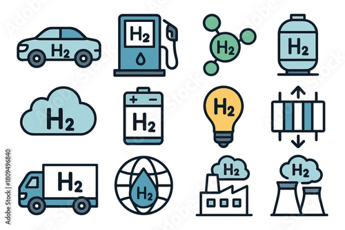 Hydrogen energy icons set with h2 fuel cells and vehicles.