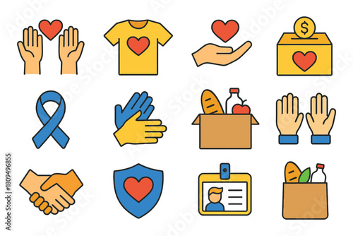 Charity and volunteering icons with hearts, hands, and donations.
