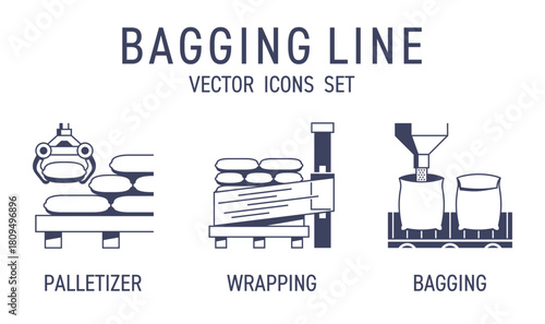 Bagging line icons set with robotic palletizing and wrapping equipment
