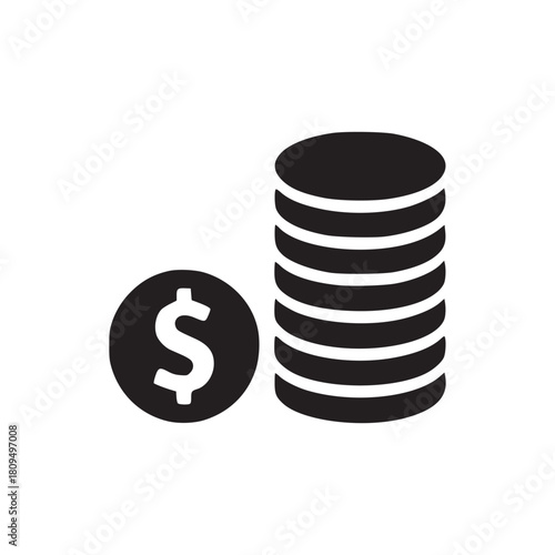 A simple black and white illustration of a stack of coins with a dollar sign on one coin