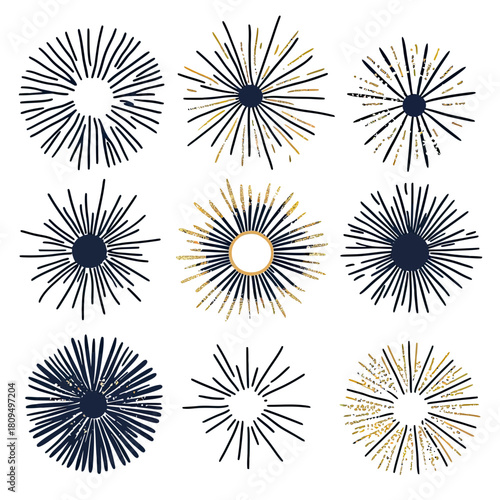 Set of nine hand drawn starburst rays and sparkle sunburst circular frames with black and gold accents for decorative badges and design elements vector illustration