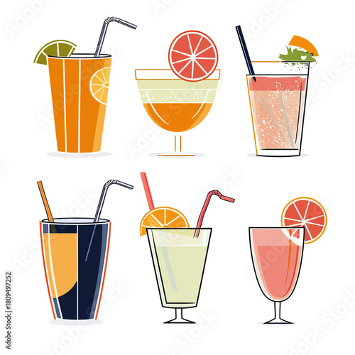 Set of six minimalist vector illustrations of colorful cocktails with garnishes and straws in transparent glasses on white background for summer drinks and party concept