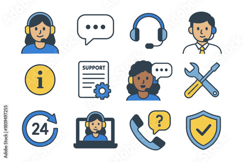 Customer support icons collection featuring diverse representatives and tools.
