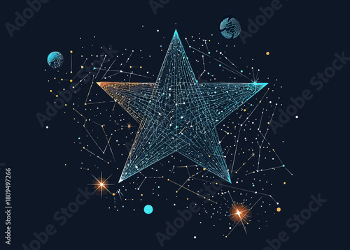 Abstract digital star composed of interconnected lines and points with cosmic elements and celestial bodies on dark background vector illustration for space and technology themes