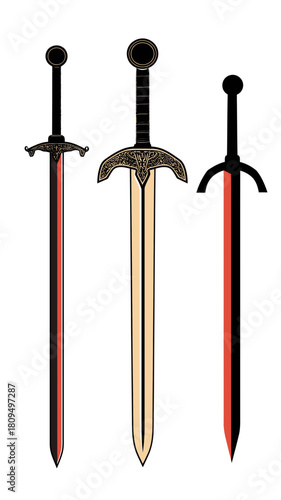 Set of three medieval swords with distinct minimalist flat design styles featuring black and red blades and decorative hilts for fantasy weapon concepts
