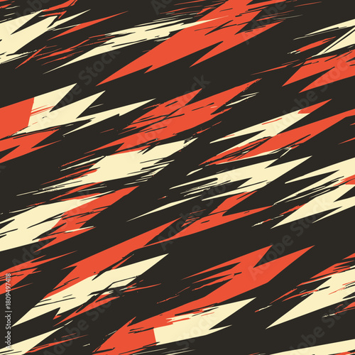 Aggressive abstract vector background with jagged zigzag lightning shapes in red and cream on black textured surface for dynamic graphic design and textiles