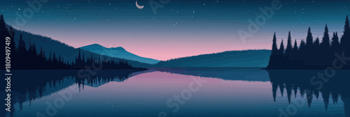 tranquil moonlit lake reflection silhouette pine trees hills starry sky crescent moon dawn serene nature landscape vector illustration