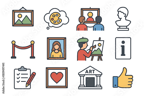 Art gallery icons and activities including painting, sculpture, and museum elements.