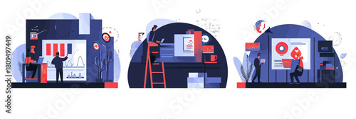 Three scenes of digital business work including data analysis with charts, brainstorming ideas on board, and marketing presentation in flat vector style