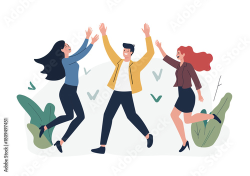 Happy business people jumping and giving high five celebrating teamwork success and collaboration in flat minimalist style vector illustration