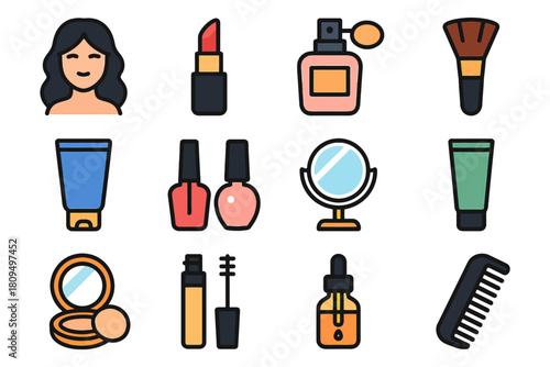 Collection of makeup and beauty icons with lipstick and mirror.