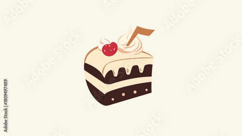 Illustration of slice of chocolate cake with vanilla frosting cherry topping and cream swirl vector dessert food icon design on light background